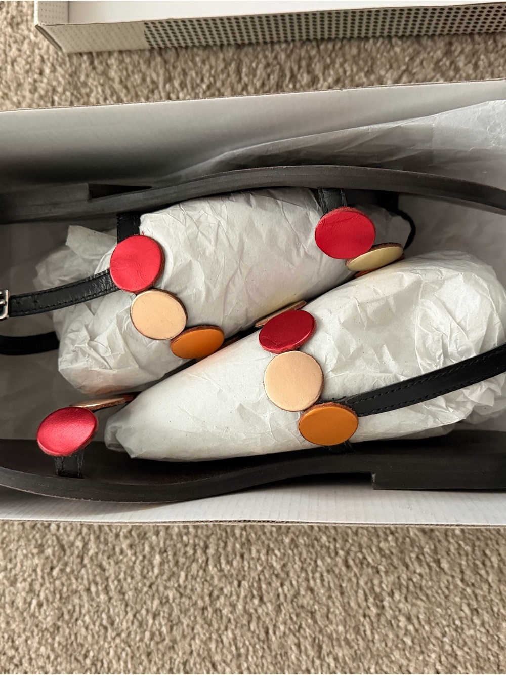 Anthropologie Black Sandals with Red, Peach, and Orange Disc Accents